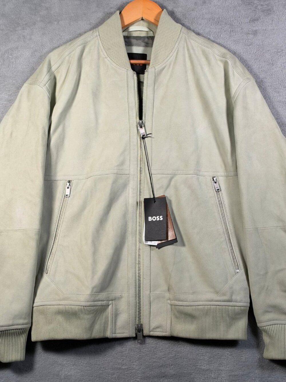 Hugo Boss Bomber Jacket Mens 38R Green Goat Suede Leather H-Muller Full Zip